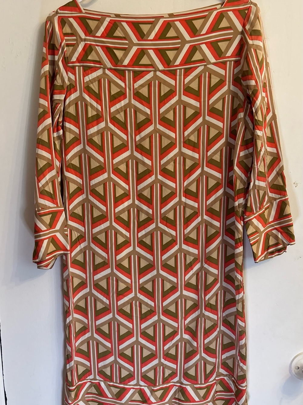 Diane Von Furstenberg Geometric Shift Dress in Olive, Coral & Cream